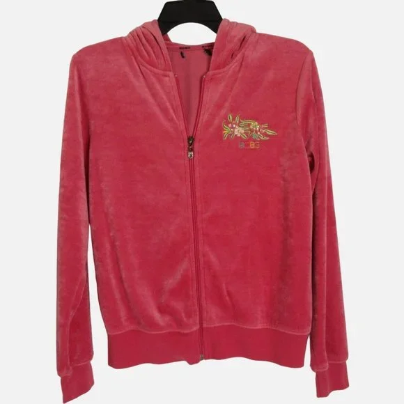 Vtg Y2K BCBG Pink velour tracksuit jacket SMALL hoodie beaded sequin Women S